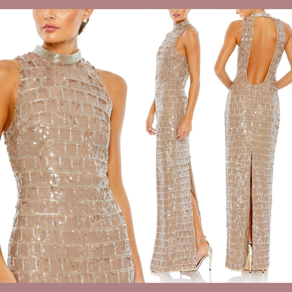 NWT $598 Mac Duggal [ 2 ] Sequined High Neck‎ Sleeveless Column Gown Taupe #S966